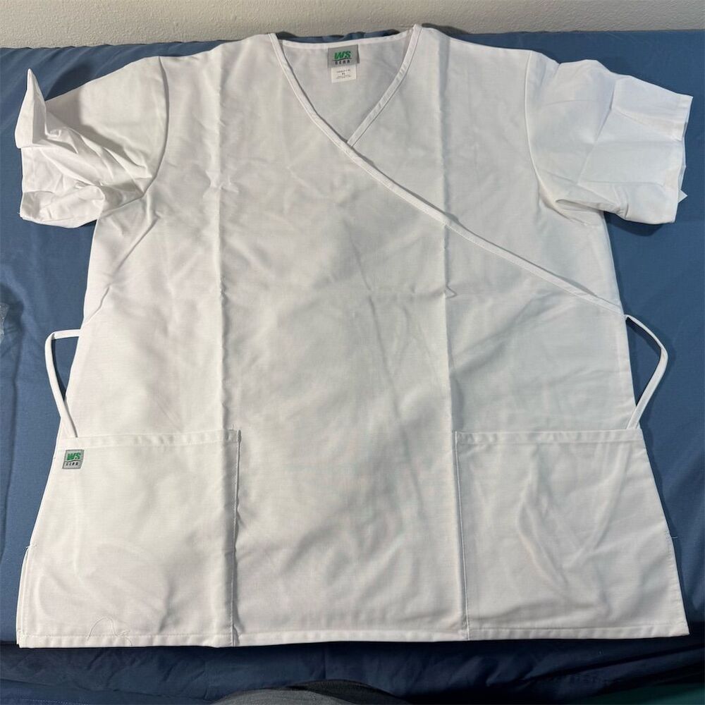 Two WS Gear Women's Mock Wrap Scrub Tops White XL Workwear Blouse